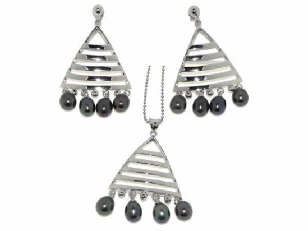 CONJUNTO COLGANTE Y PENDIENTES PERLA GRIS ABANICO PLATA