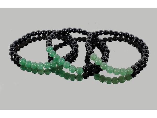 Pulsera 7 bola 6mm cuarzo verde con obsidiana negra