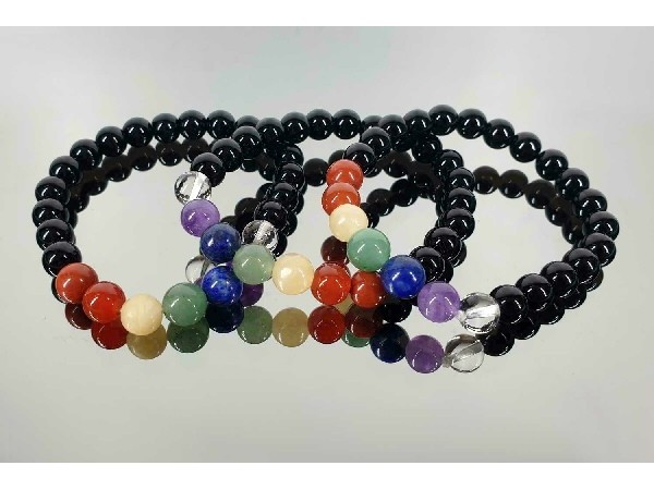 Lote pulsera 7 chacras con obsidiana negra 8mm (10ud)