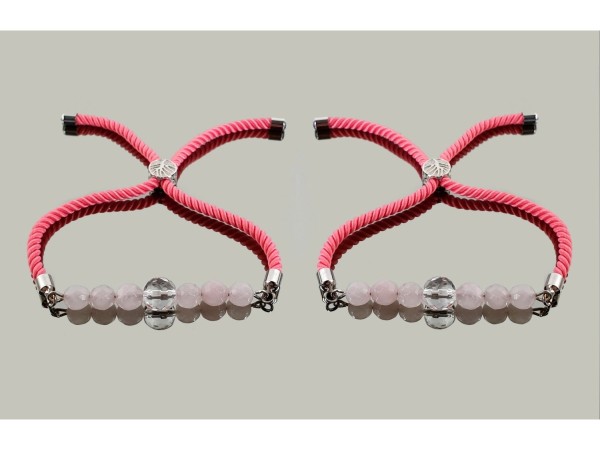 Pulsera seda trenzada acero cuarzo y cuarzo rosa